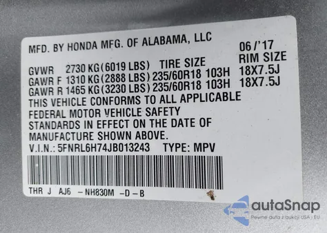 2018 Honda Odyssey Ex-L z USA, uszkodzony, nr VIN 5FNRL6H74JB013243